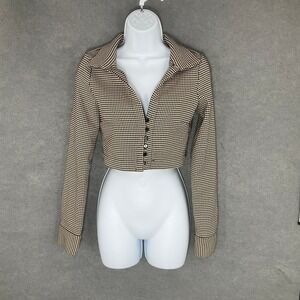 Zara Houndstooth Cropped Blazer Jacket‎ Fitted Career Button Front Sz Small